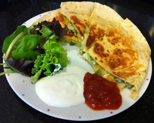 Quesadillas3 Quesadillas with salad, salsa and sour cream