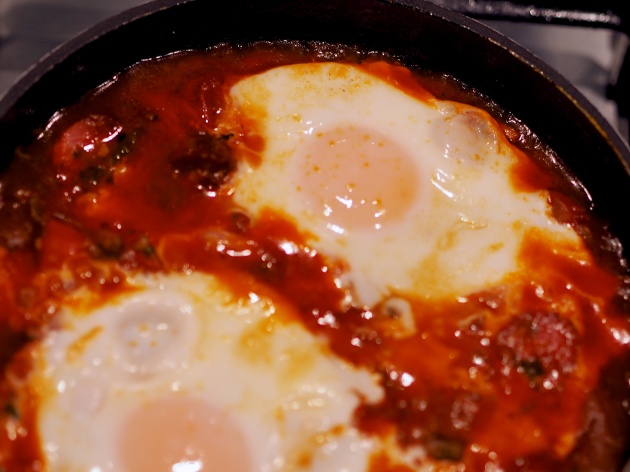 Baked eggs with chorizo and tomato stew
