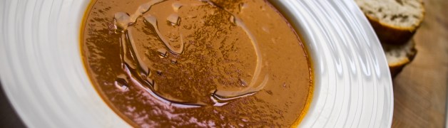 bowl of red pepper black garlic soup (from sainsbury's)